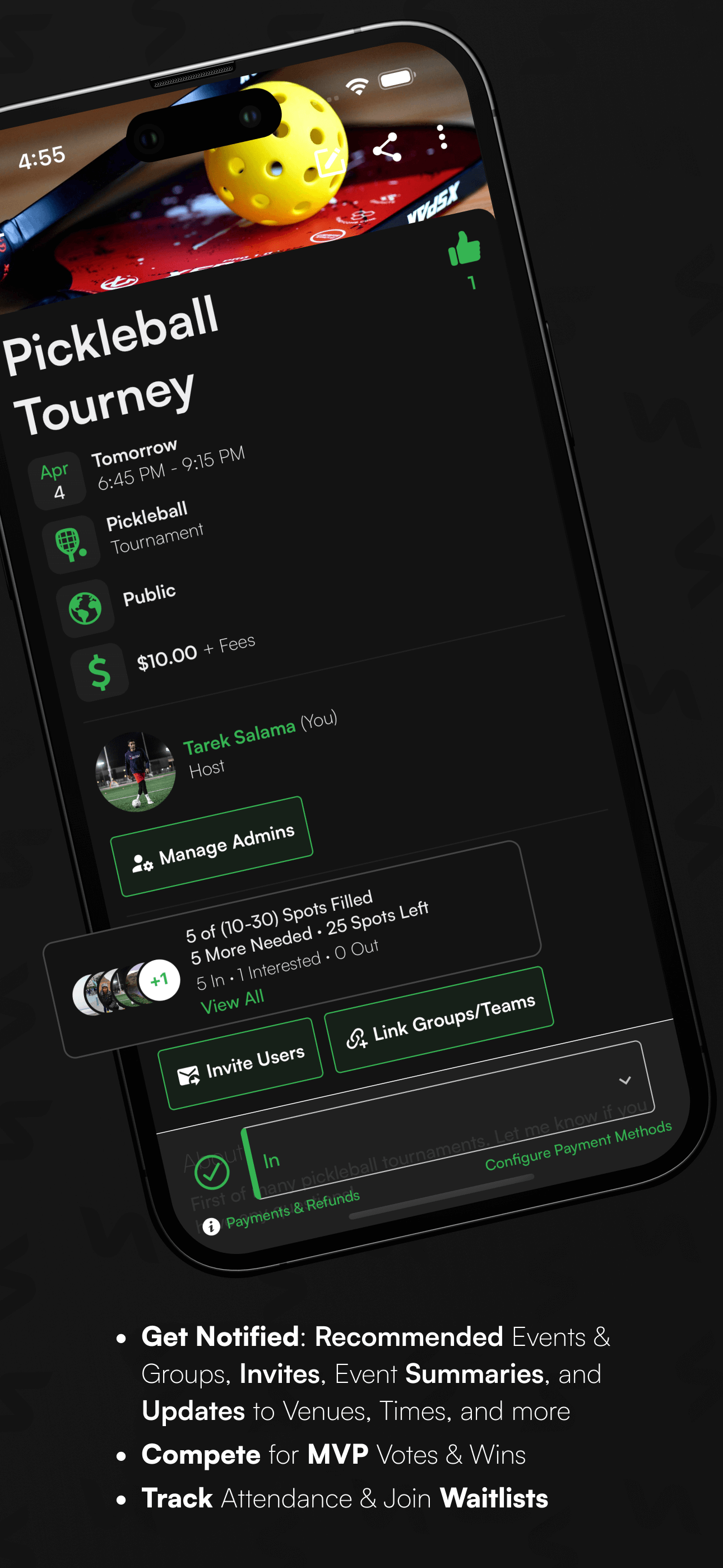 View Detailed Events Screens with Day/Time, Sport, Type, Public/Private, Cost, Host/Admins, Attendees, RSVPs, and More