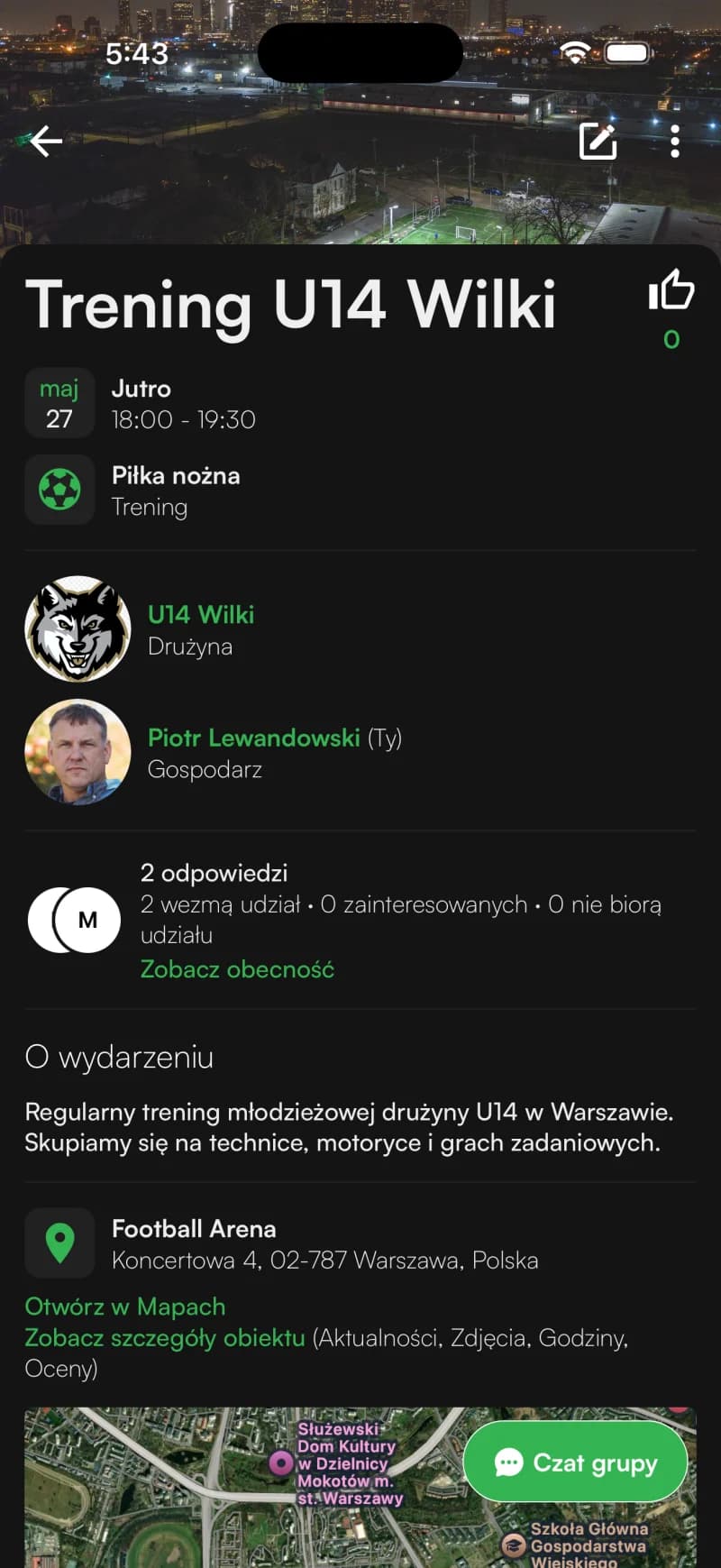 Szczegóły wydarzenia w aplikacji Sportual z drużyną, gospodarzem, obecnością i miejscem