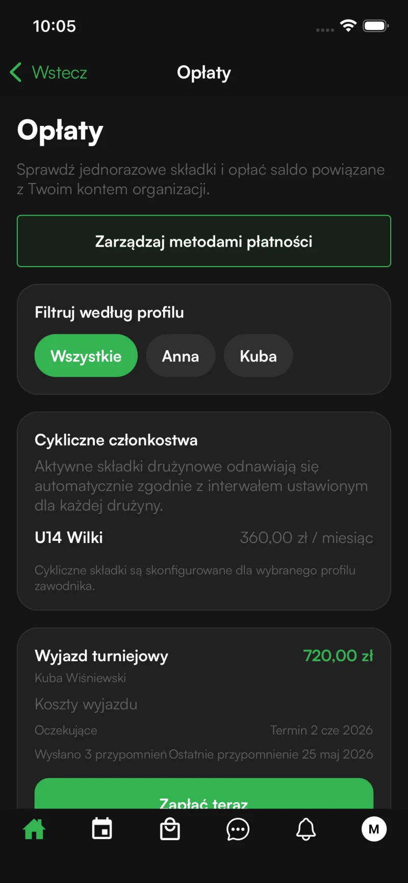 Ekran opłat w aplikacji Sportual z cykliczną składką i oczekującą opłatą