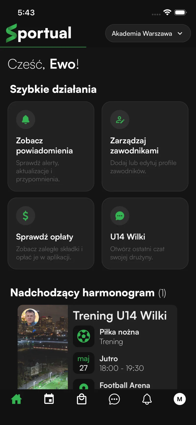 Ekran główny rodzica w aplikacji Sportual z szybkimi akcjami i harmonogramem