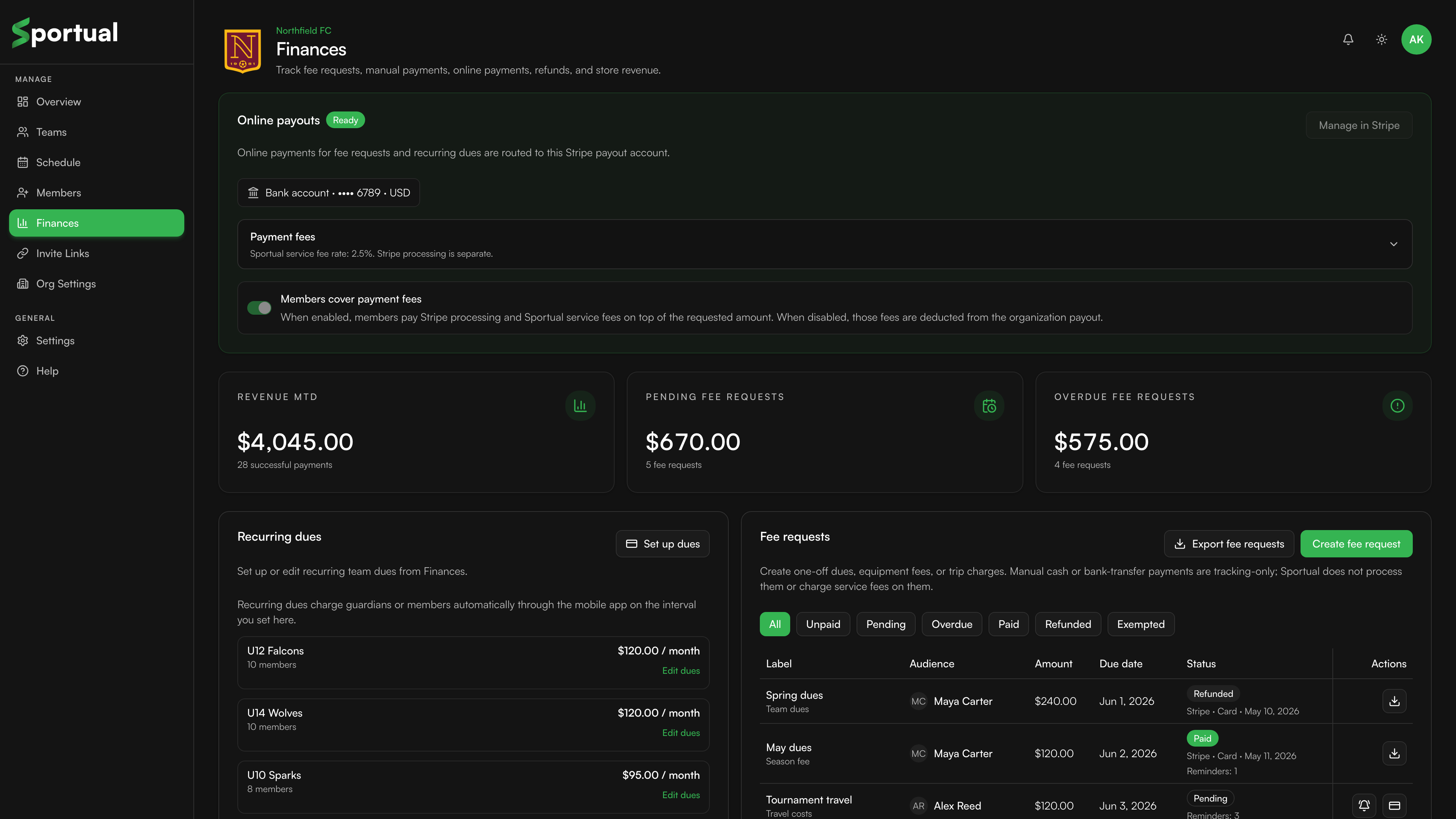 Sportual Admin finances workspace showing member payment status