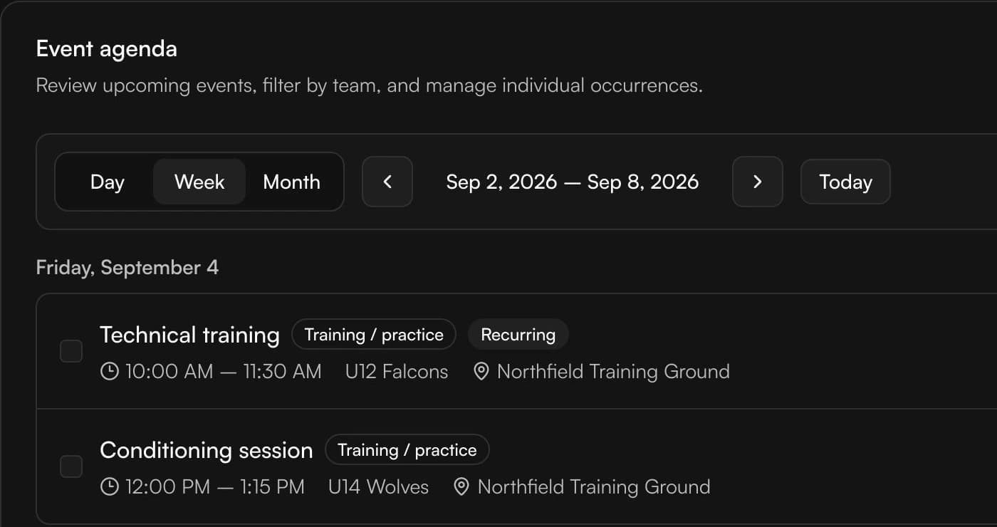 Sportual Admin schedule showing recurring sessions, teams, times, and venues