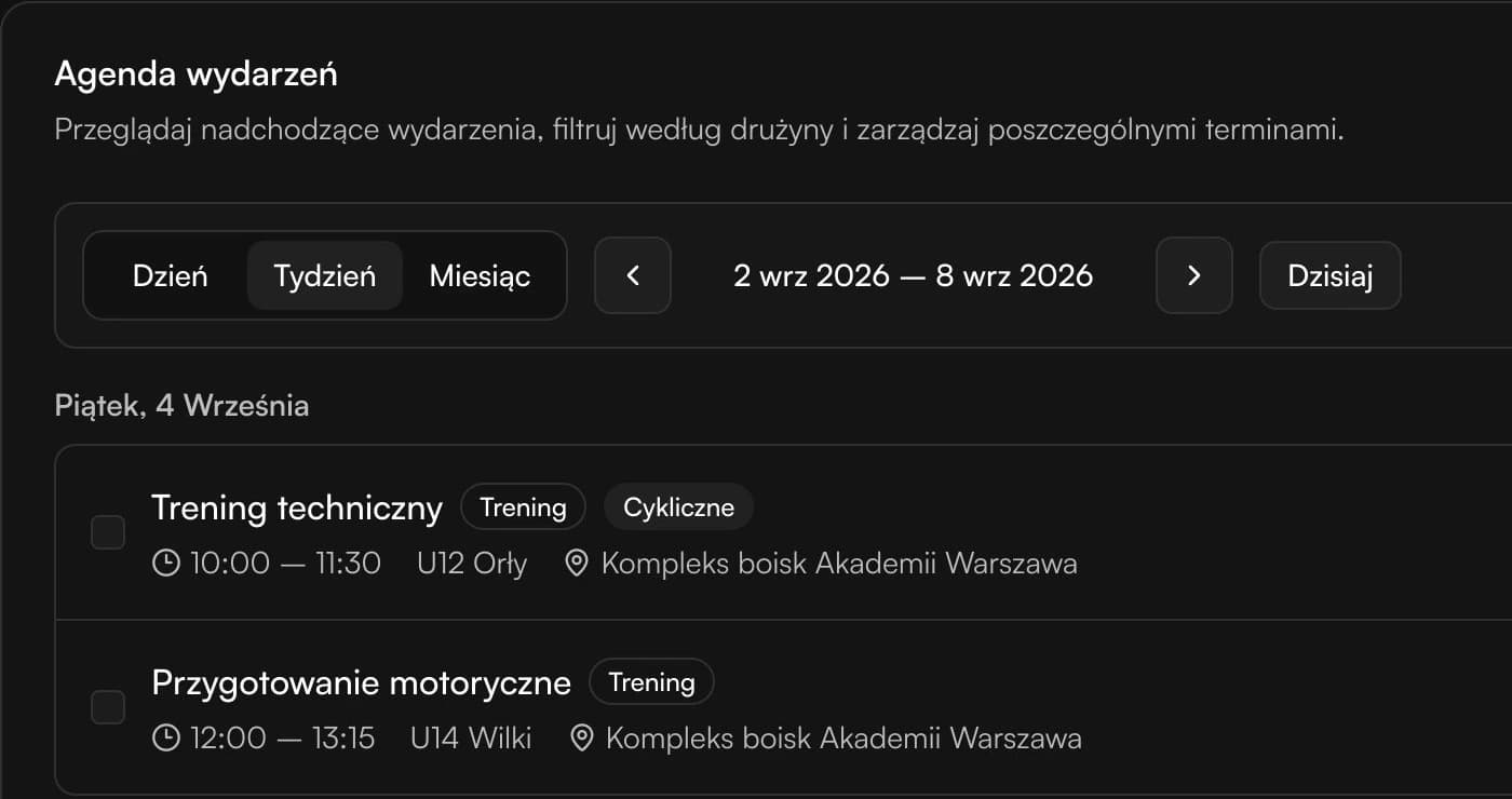 Harmonogram Sportual Admin z cyklicznymi treningami, drużynami, godzinami i obiektami