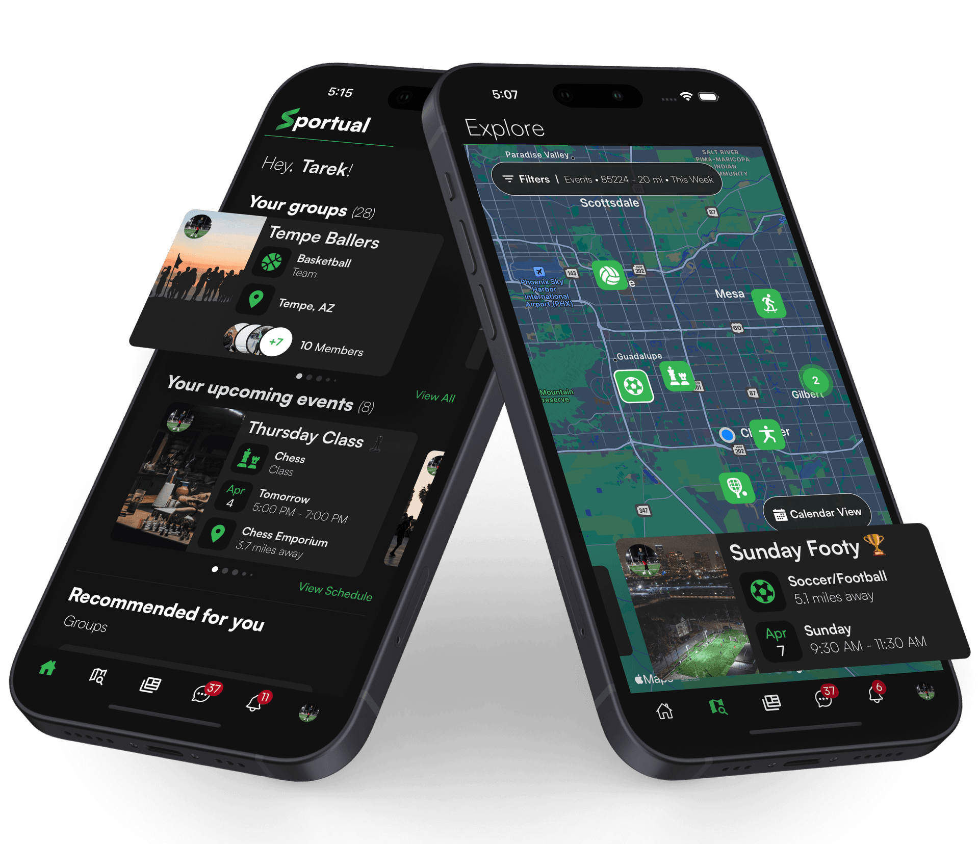Sportual app screens for sports organizers, teams, and clubs