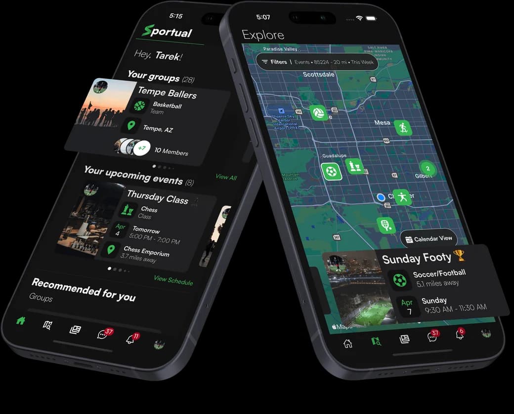 Sportual mobile app showing a sports group and nearby activities