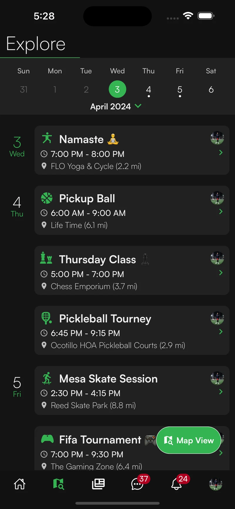 Sportual mobile calendar showing upcoming sports activities
