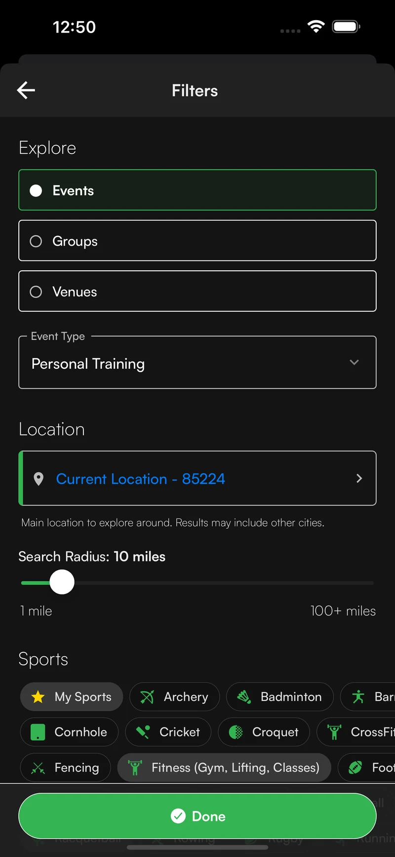 Sportual mobile filters for finding sports activities