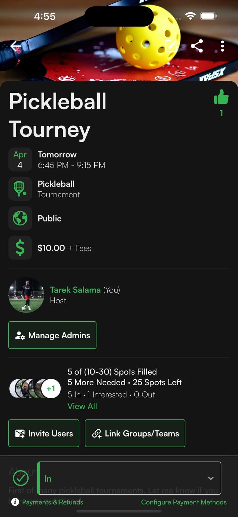 Sportual mobile pickup event showing capacity, cost, host, and RSVP details