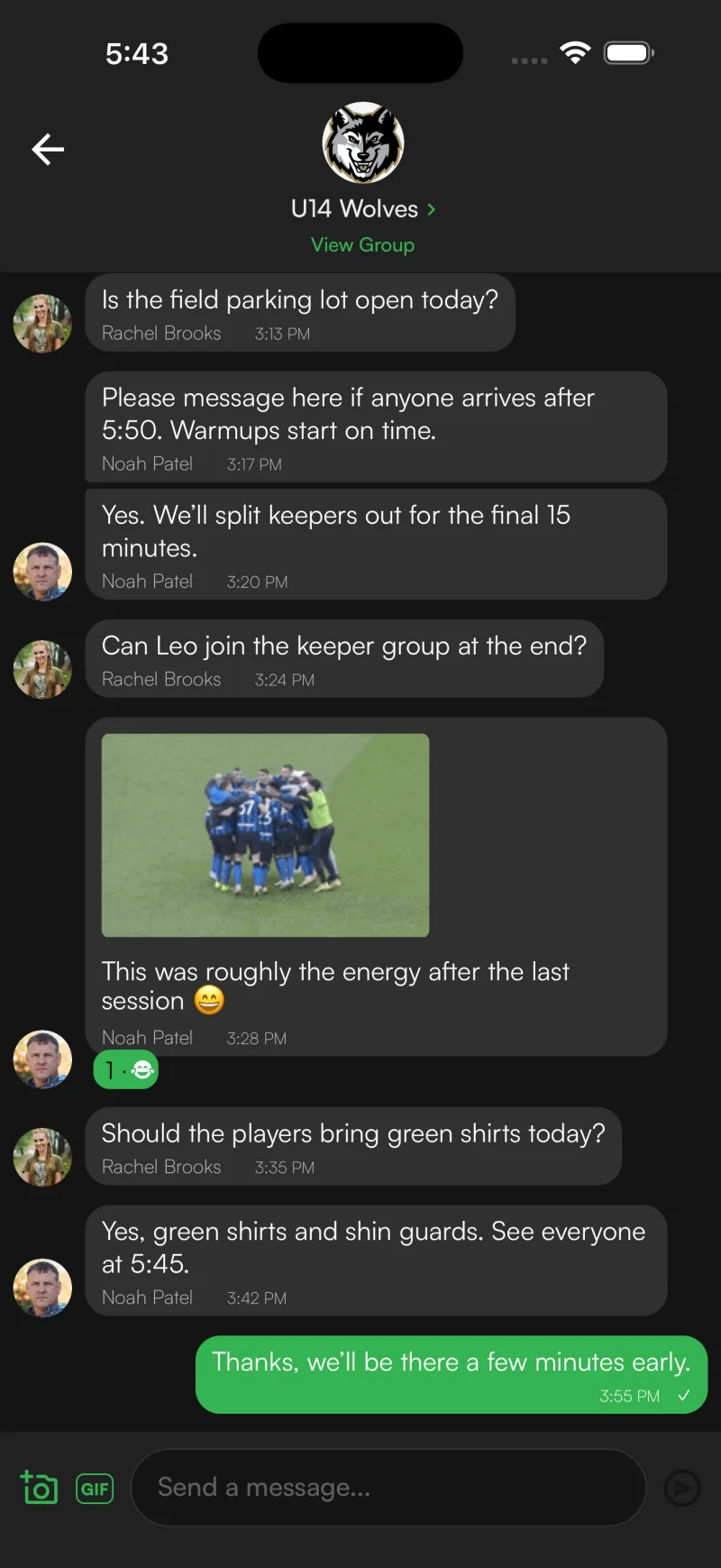 Sportual mobile team chat screen with coach and parent messages