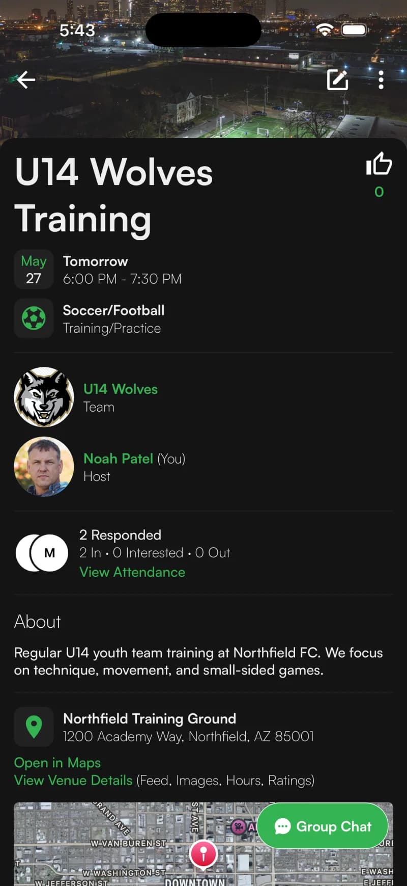 Sportual mobile event detail screen with team, host, attendance, and venue information