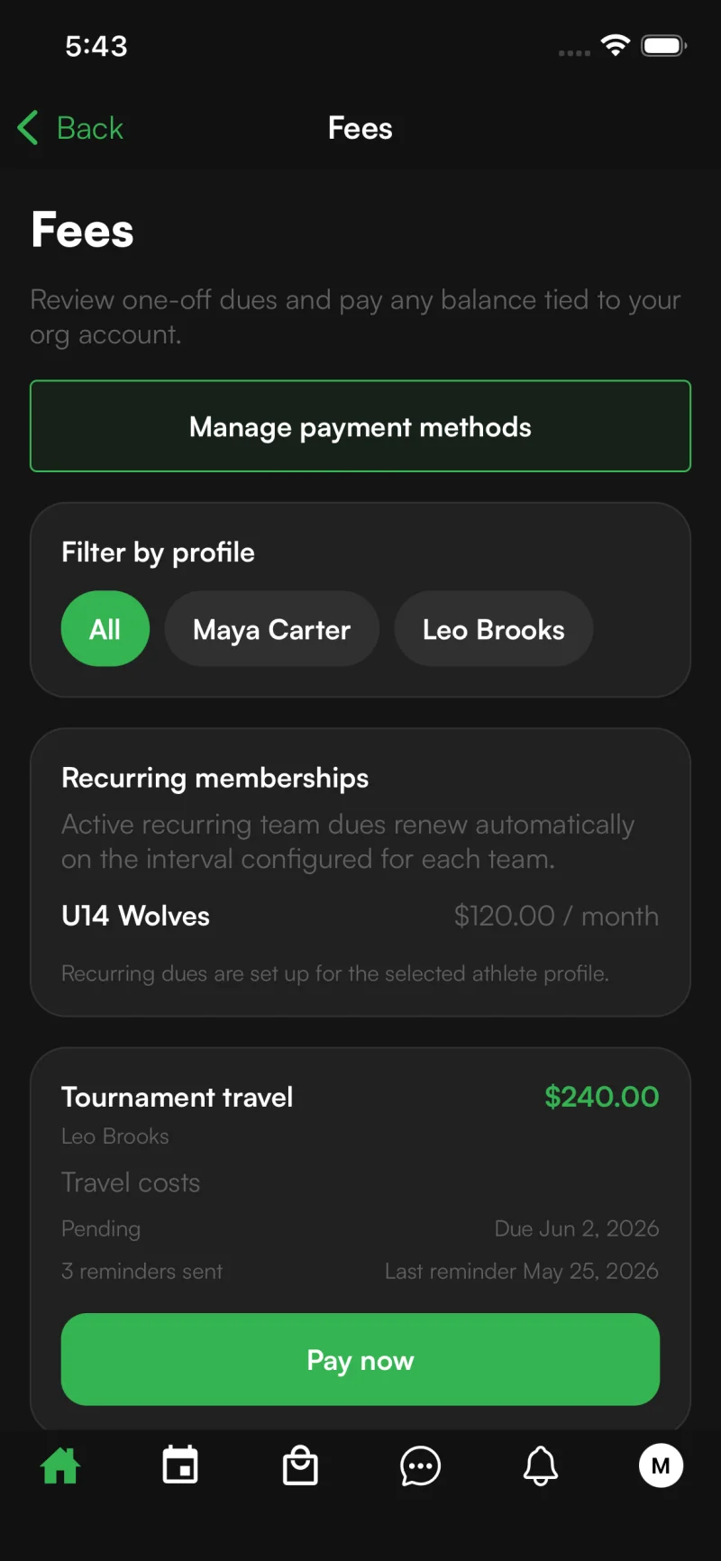 Sportual mobile fees screen with recurring dues and a pending payment request