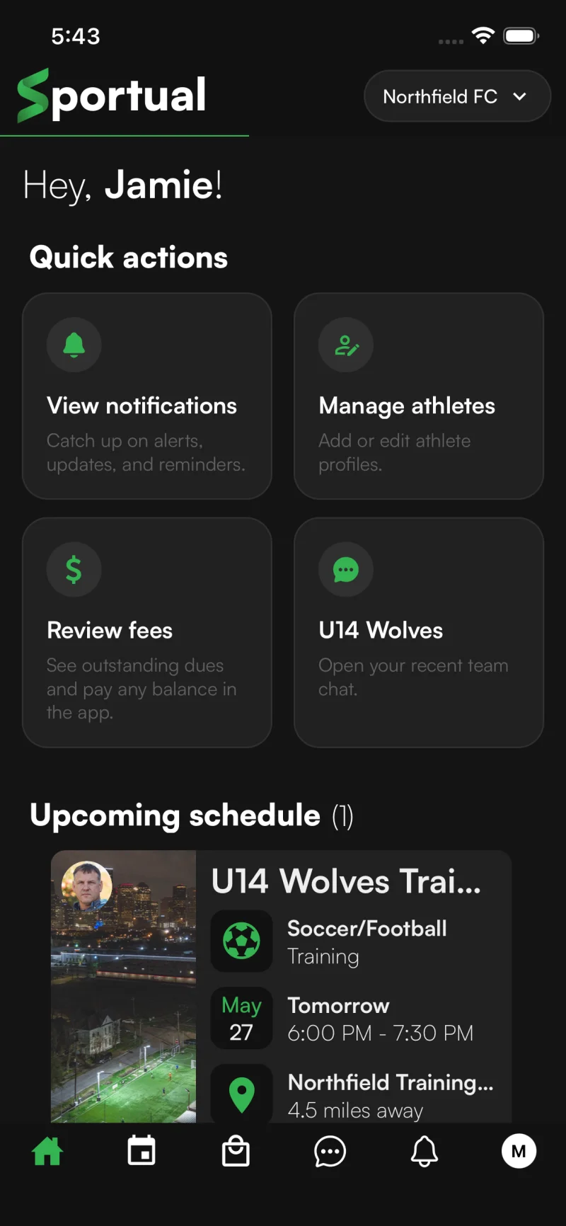 Sportual mobile parent home screen with quick actions and upcoming team schedule
